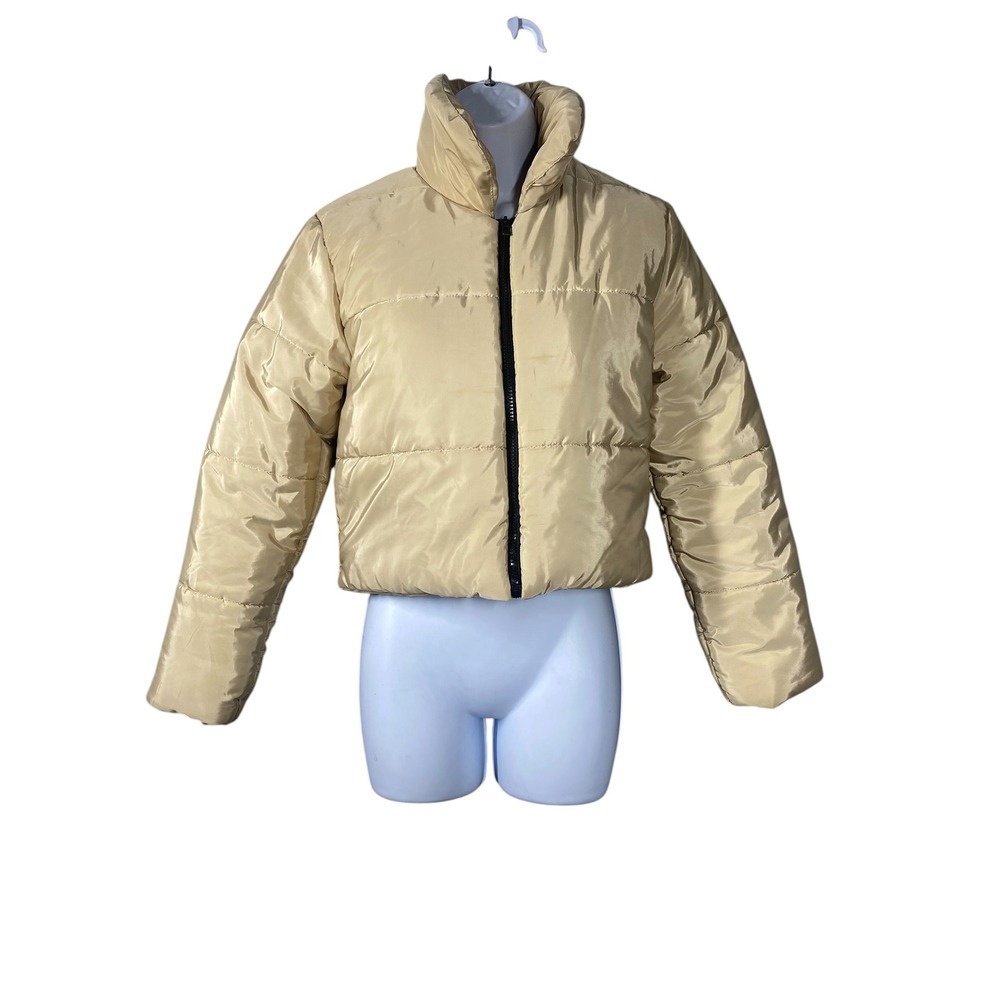PrettyLittleThing Womens Size 6 Champagne Gold Cropped Puffer Jacket Funnel Neck
